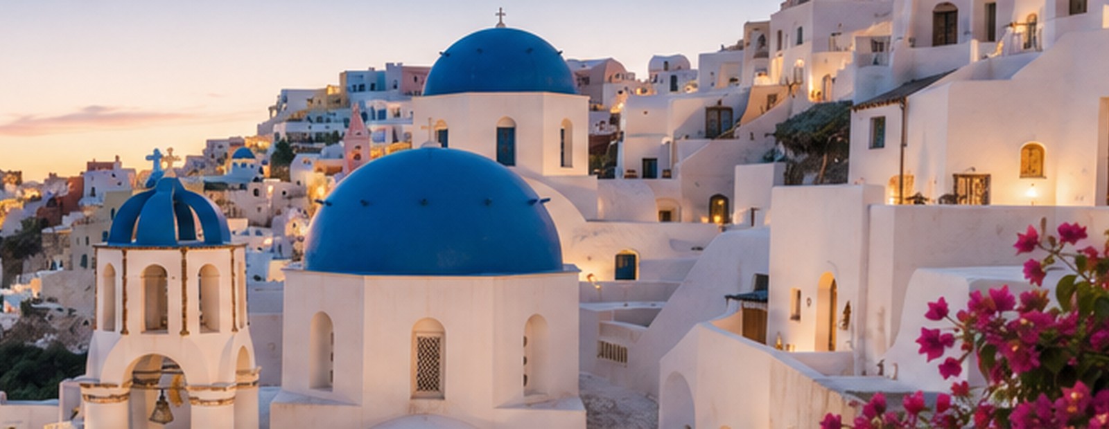 Pueblo de Santorini al atardecer con cúpulas azules